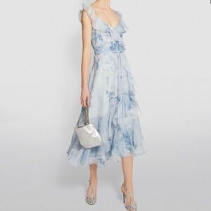 Marchesa Print Chiffon Lace Ruffle Tea Length Dress